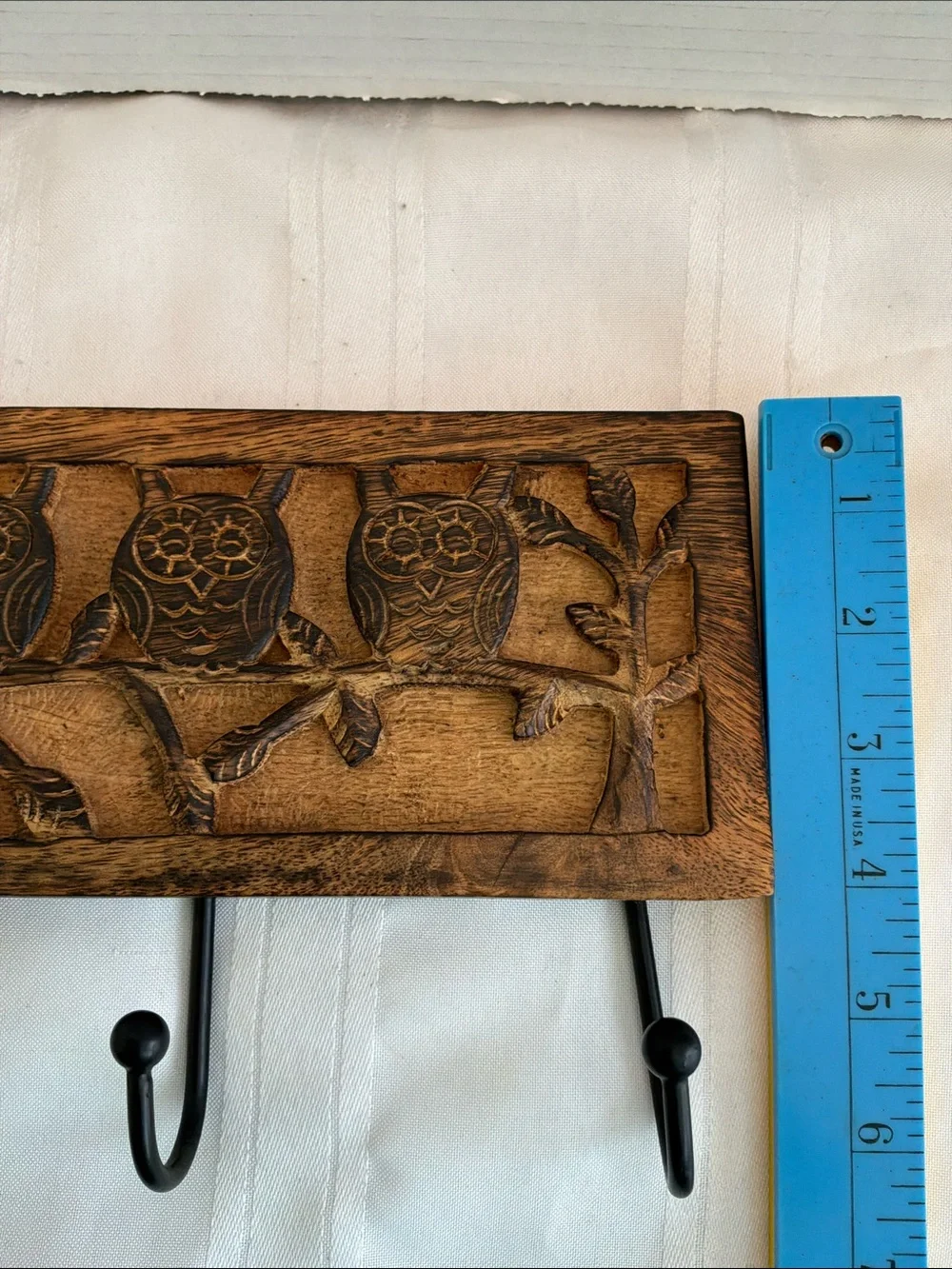 Hand-Carved Wooden Owl Wall Hook - Brown
